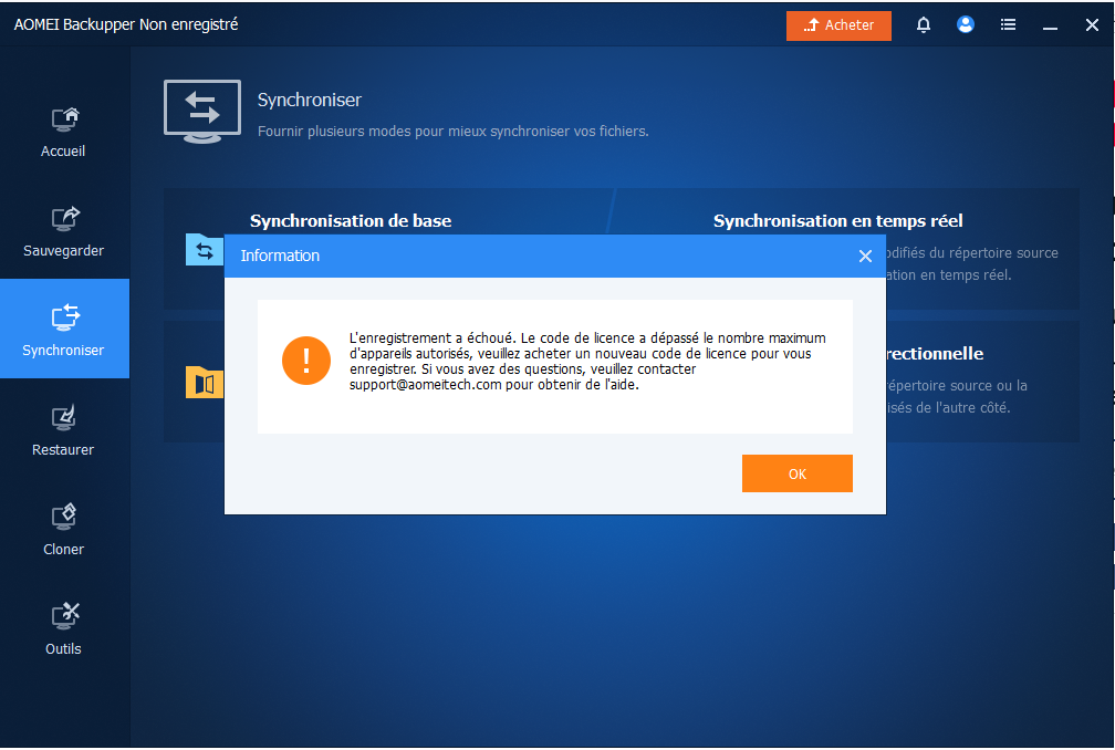 enregistrement Aomei Backupper échoué